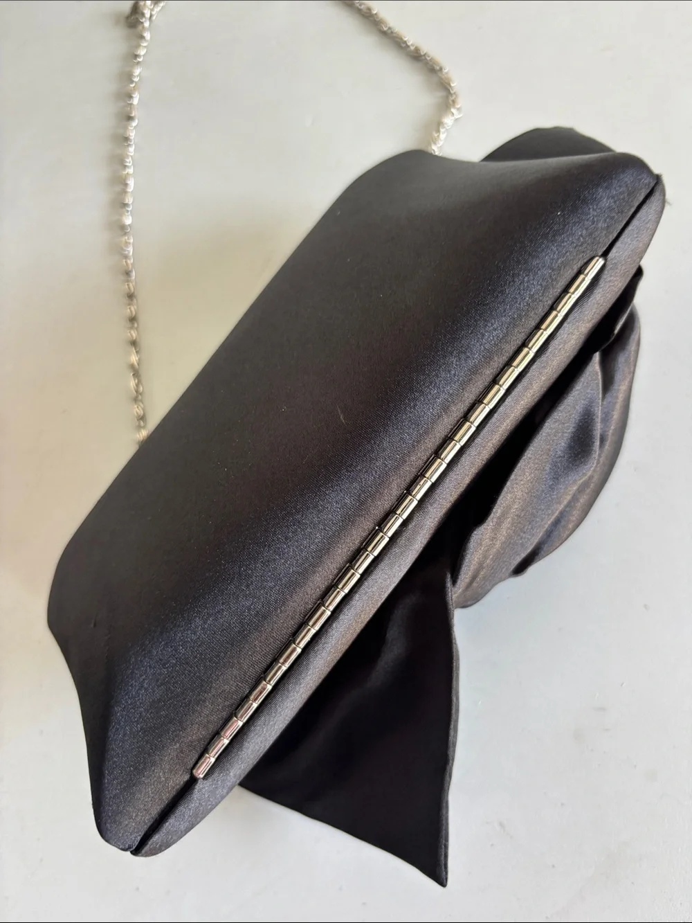 Black Satin Rose Appliqué Evening Clutch with Silver Chain